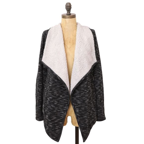 GREEN TEA Heather Sherpa Wrap Cardigan S Black Heather Long Sleeve Sweater B69 - Picture 1 of 6